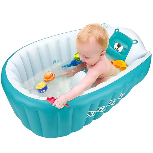 Inflatable Bathing Tub for Toddler,Non Slip Safety Thick Cushion Central Seat,Portable Travel Seat Baths Baby Swimming Pool for 0-5 Year(Blue) - Jamouz