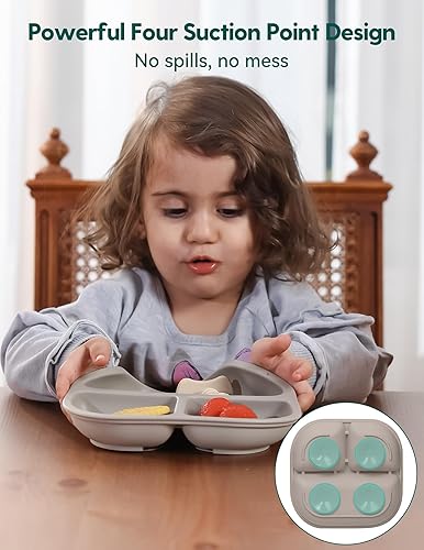 BABELIO Powerful Suction Plates for Baby and Toddler, 100% Food Grand Silicone, Divided, BPA Free, Microwave & Dishwasher Safe, Stay Put, 3 Pack - Jamouz