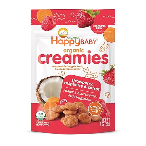 Happy Baby Organics Creamies Freeze-Dried Veggie & Fruit Snacks with Coconut Milk Strawberry Raspberry & Carrot, 1 Ounce (Pack of 8) - Jamouz