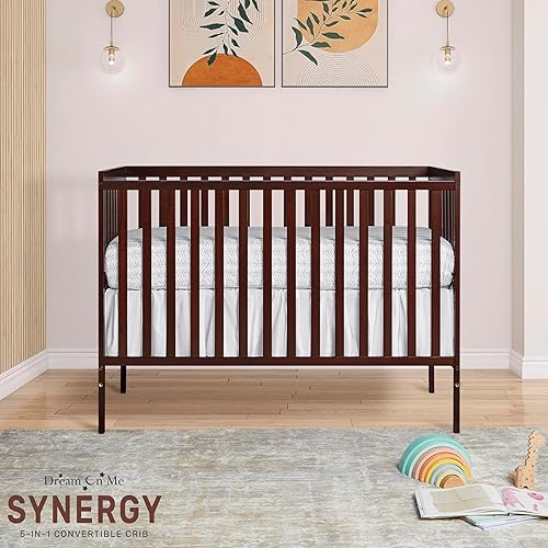 Synergy 5-In-1 Convertible Crib In White, made of New Zealand Pine wood, JPMA & Greenguard Gold Certified, features 3 mattress height settings - Jamouz