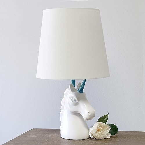 Simple Designs LT1078-PNK-LB 15.5' Sparking Glitter Unicorn Table Lamp for Kids Room, Nursery, Living Room, Bedroom, Playroom, Foyer, White with Pink Glitter, with Feit LED Bulb Included - Jamouz