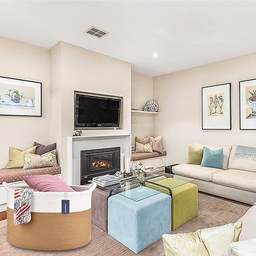 COMSE Extra Large Blanket Basket, Storage Basket, Laundry Basket, 21.7”x 13.8”, Laundry Hamper, Cotton Rope Basket, Blanket Basket Living Room, Toy Basket (White & Cadet Blue & Navy Blue) - Jamouz