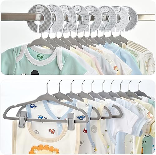 Velvet Baby Hangers 30 Pack, Ultra Thin Nonslip Nursery Clothes Hangers with 8pcs Cute Clothing Dividers and 10pcs Hanger Clips for Kids Baby Boys & Girls Closet Organizer, Grey - Jamouz