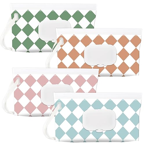 FEBSNOW 4 Pack Baby Wipe Dispenser, Portable Refillable Wipe Holder, Baby Wipes Container, Wipe Dispenser, Reusable Travel Wet Wipe Pouch (Geometric) - Jamouz