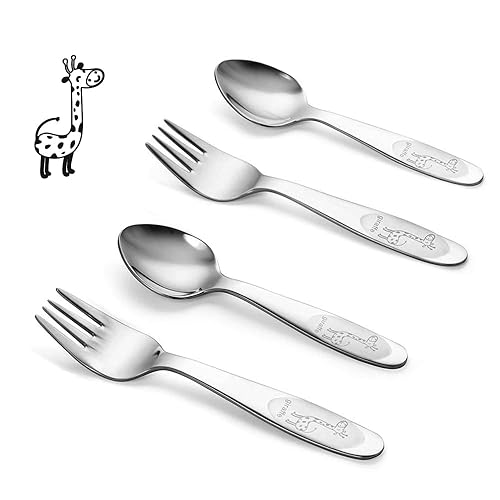 4 Piece Toddler Utensils Set - Stainless Steel Baby Forks & Spoons with Smooth Rounded Edges | Self-Feeding Training Tools for Babies 12-24 Months | Dishwasher Safe Silverware Set - Jamouz