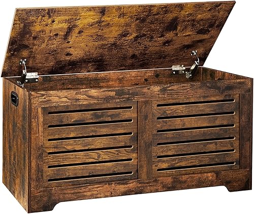 DINZI LVJ Storage Chest, 39.4”Wooden Toy Box with 2 Safety Hinges, Retro Entryway Shoe Storage Bench with Flip-Top, Sturdy Large Storage Trunk for Living Room, Bedroom, Easy Assembly, Rustic Brown - Jamouz