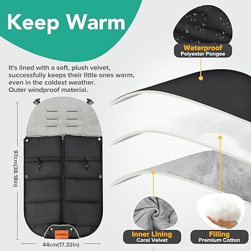 Warm Bunting Bag, Universal Stroller Cover for Winter Sleeping Bag Blanket Cold Weather, Waterproof Toddler Footmuff (Black, Large) - Jamouz