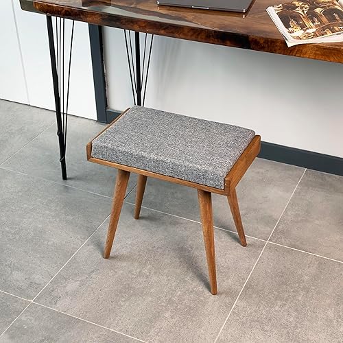 Walnut Ottoman Stool for Living Room | Upholstered in Crowbar Pattern Fabric | Versatile as a Piano Bench | Ideal Bedroom Bench | Functional Footstool Bench - Jamouz