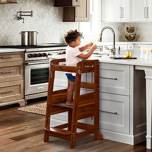 TOETOL Bamboo Toddler Kitchen Step Stool White Helper Standing Tower Height Adjustable with Anti-Slip Protection for Kids Kitchen Counter Learning - Jamouz