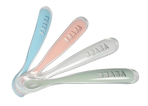 BEABA Baby's First Foods Spoon Set, Original Silicone Baby Spoons, Baby Essentials, Baby Spoons, Pack of 4 Baby Gift Set, BPA Lead & Phthalate Free, Rain - Jamouz