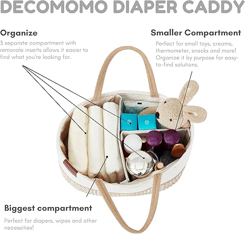 DECOMOMO Diaper Caddy Organizer, Nappy Caddy, Woven Baby Basket (Spiral Beige & White, Large) - Jamouz