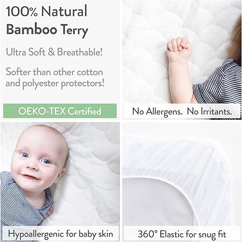 Joey + Joan Waterproof Pack and Play Mattress Pad Protector Cover – Compatible with 4moms Breeze Plus Playard, Baby Trend, Dream on Me, Pamo Babe – 2 Pack Quilted Bamboo Playard Sheets – 30' x 43' - Jamouz