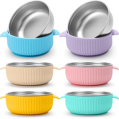 Nuogo 6 Pcs 304 Stainless Steel Baby Bowls with Removable Silicone Shell Toddler Bowls Kids Anti Scald Snack Container for Food Feeding, Dishwasher Safe(Mixed Series Color,Suction-a) - Jamouz