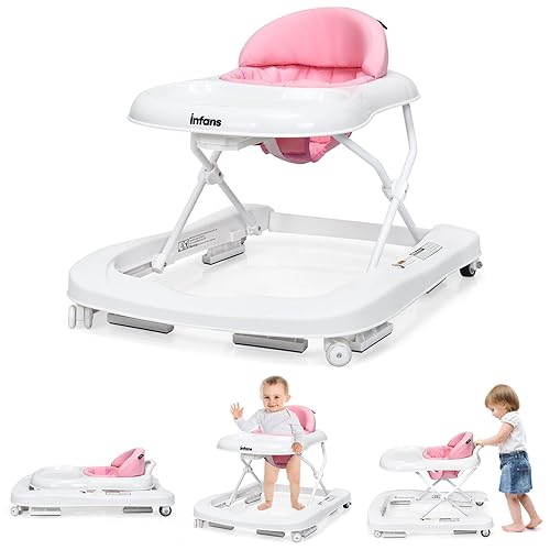INFANS Foldable Baby Walker, 3 in 1 Toddler Walker Learning-Seated Walk-Behind for Boys and Girls, Adjustable Speed Rear Wheels, Safety Bumper, Detachable Seat Cover, Anti-Rollover (Pink) - Jamouz