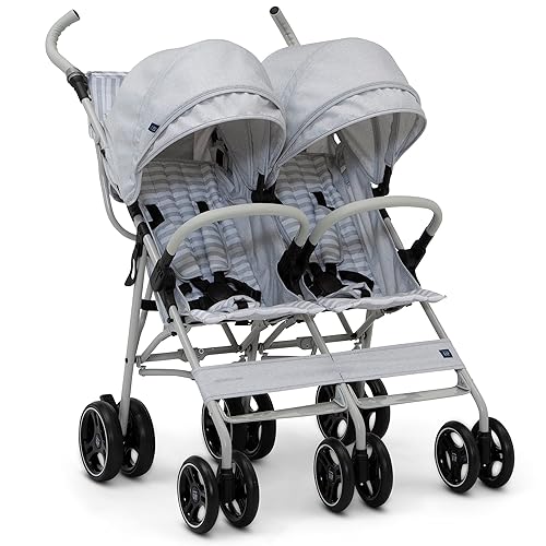 GAP babyGap Classic Side-by-Side Double Stroller - Lightweight Double Stroller with Recline, Extendable Sun Visors & Compact Fold - Made with Sustainable Materials, Grey Stripes - Jamouz
