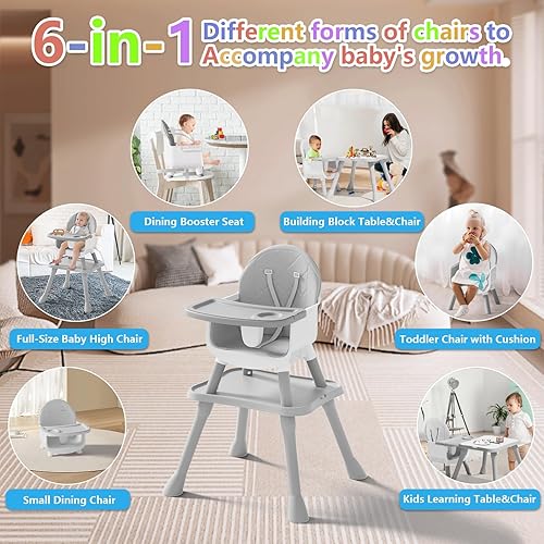 6 in 1 Baby High Chair for Babies and Toddlers, Booster Seat, Kids Learning Table & Chair (Grey) - Jamouz
