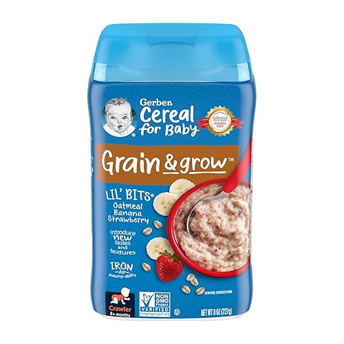 Gerber 3rd Foods Cereal for Baby Grain and Grow Lil' Bits Baby Cereal, Banana Strawberry Oatmeal, 8oz Canister - Jamouz