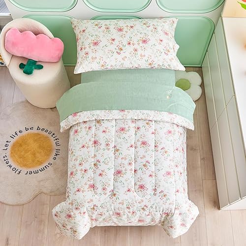 Joyreap 4 Piece Cotton Toddler Bedding Set for Girls, Pink Flowers Reversible Design, Soft Breathable Cotton Toddler Comforter Set - Jamouz