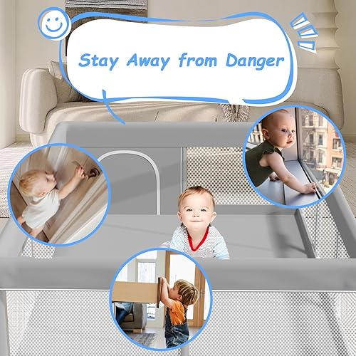 Baby Playpen with Mat 74x50 inch, Playpen for Babies and Toddlers, Baby Play Pen Design with External Zipper Gate, Baby Play Yard with Non-Slip Suction Cups on The Bottom, Baby Fence, Grey - Jamouz