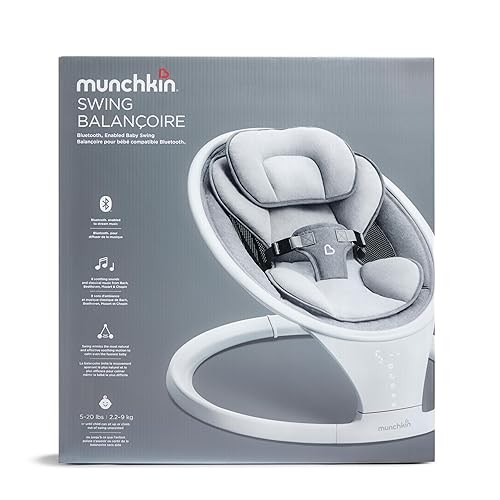 Munchkin Baby Swing, Portable and Lightweight, Bluetooth Enabled Electric Infant Rocker with Natural Sway in 5 Ranges of Motion, Newborn Nursery Essentials, White/Grey - Jamouz