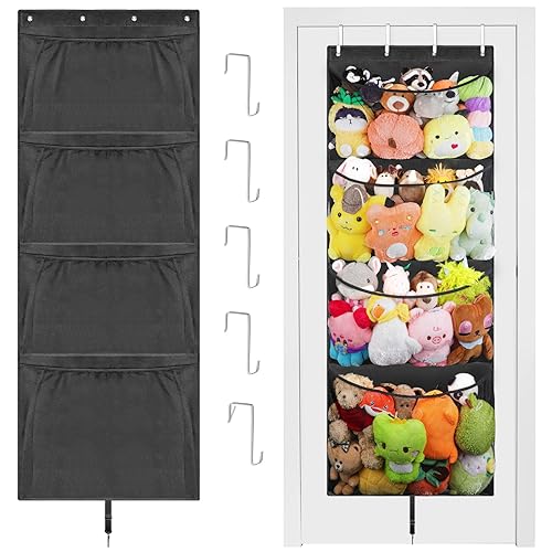 Hanging Stuffed Animal Storage, Over Door Large Plush Toy Organizer with Metal Hook, Baby Accessory Holder Idea for Nursery, Doll & Bear Mesh Hammock Bag for Girl Boy Kid Room - Jamouz