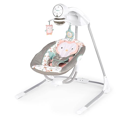 Ingenuity InLighten 5-Speed Baby Swing - Swivel Infant Seat, 5 Point Safety Harness, Nature Sounds, Lights - Nally Owl - Jamouz