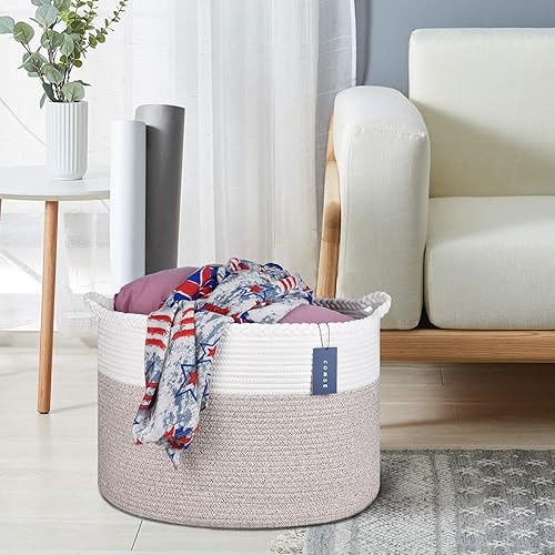 COMSE Extra Large Blanket Basket, Storage Basket, Laundry Basket, 21.7”x 13.8”, Laundry Hamper, Cotton Rope Basket, Blanket Basket Living Room, Toy Basket (White & Cadet Blue & Navy Blue) - Jamouz