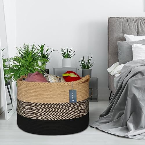 COMSE Extra Large Blanket Basket, Storage Basket, Laundry Basket, 21.7”x 13.8”, Laundry Hamper, Cotton Rope Basket, Blanket Basket Living Room, Toy Basket (White & Cadet Blue & Navy Blue) - Jamouz