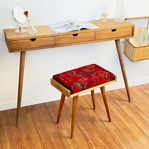 Walnut Ottoman Stool for Living Room | Upholstered in Crowbar Pattern Fabric | Versatile as a Piano Bench | Ideal Bedroom Bench | Functional Footstool Bench - Jamouz
