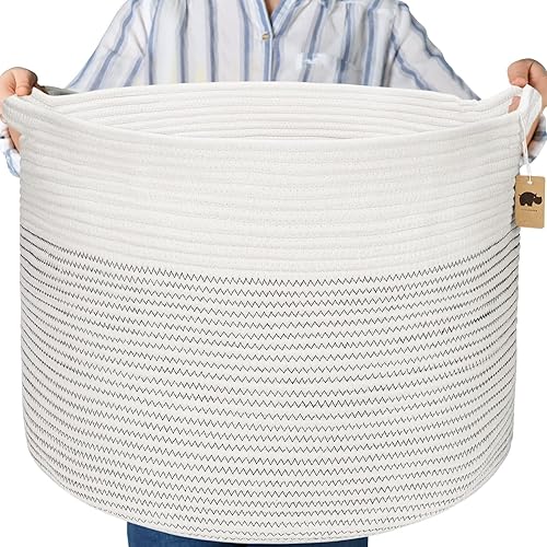 Little Hippo XXXL Large Cotton Rope Basket (22'x14') 100% Natural Cotton! Rope Basket, Woven Storage Basket, Large Basket, Blanket Basket Living Room, Toy Basket, Pillow Basket (White & Brown) - Jamouz