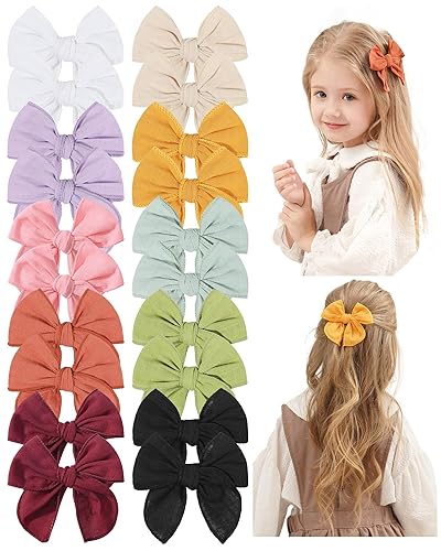doboi 20PCS Fable Bows 4.5 Inch Hair Clips Baby Girls Cotton Linen Bows for Girls Solid Color Hair Accessories for Baby Toddlers Kids - Jamouz