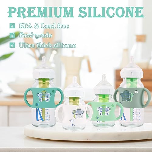 4 Pack Baby Bottle Handles, Silicone Bottle Handles for Dr Brown Wide-Neck Baby Bottles (White+Blue+Green+Grey) - Jamouz