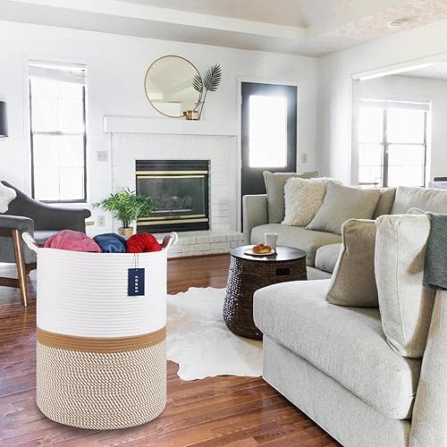 COMSE Extra Large Blanket Basket, High Storage Basket, Tall Rope Laundry Basket, 15.7”x 21.7”, Cotton Rope Basket, XXXL Laundry Basket, Toy Basket, Clothes Baskets,White/Cadet Blue/Navy Blue - Jamouz