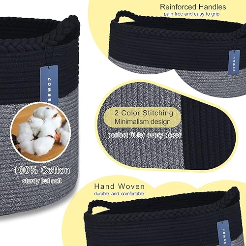 COMSE Extra Large Blanket Basket, Storage Basket, Laundry Basket, 21.7”x 13.8”, Laundry Hamper, Cotton Rope Basket, Blanket Basket Living Room, Toy Basket (White & Cadet Blue & Navy Blue) - Jamouz