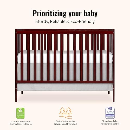Synergy 5-In-1 Convertible Crib In White, made of New Zealand Pine wood, JPMA & Greenguard Gold Certified, features 3 mattress height settings - Jamouz