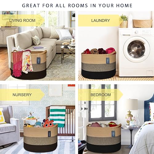 COMSE Extra Large Blanket Basket, Storage Basket, Laundry Basket, 21.7”x 13.8”, Laundry Hamper, Cotton Rope Basket, Blanket Basket Living Room, Toy Basket (White & Cadet Blue & Navy Blue) - Jamouz