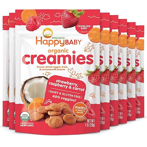 Happy Baby Organics Creamies Freeze-Dried Veggie & Fruit Snacks with Coconut Milk Strawberry Raspberry & Carrot, 1 Ounce (Pack of 8) - Jamouz