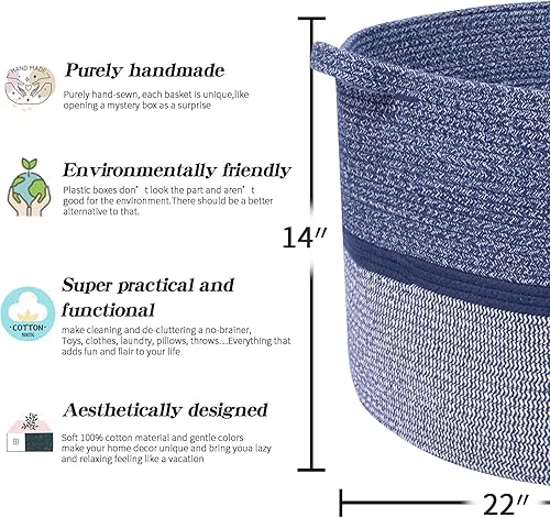 Extra Large Cotton Rope Basket 22' x 14' - Toy Basket for Kids -Blanket Basket for Living Room - Woven Baskets for Storage - Jamouz