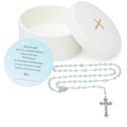 Sweet Treasures Gift – Baptism Gifts for Boys, First Rosary with Ceramic Keepsake Box and Card, Catholic Communion Gift, Christening and Baby Shower Rosary Beads, Blue - Jamouz