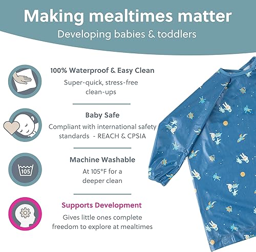 BIBaDO - Long Sleeve Baby Bibs - Babies & Toddlers 6-36 Months - Coverall Baby Led Weaning Bib - Easy Wipe, Soft & Waterproof - Jamouz