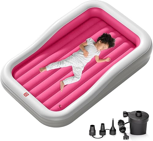 QPAU Larger Inflatable Toddler Travel Bed, Portable Kids Air Mattress with Built-in Bumpers, Fast Electric Pump, Separate Mattress Design, for Home, Grandma's, Camping, and Vacation, Grey - Jamouz