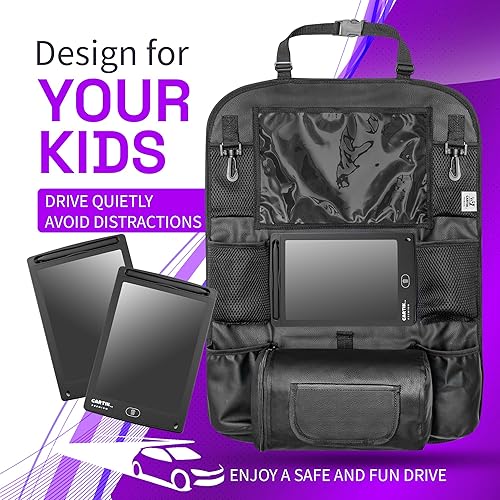 Set of 2x PU Leather Backseat Car Organizers + 2x LCD Drawing Tablets - Car Seat Organizers with Touch Screen Tablet Holder, Back Seat Organizer for Kids, Car Storage for Toys - Jamouz