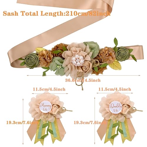 Maternity Sash Set for The Mommy and Daddy-to-be, with Corsage Pin Flowers as Baby Shower Souvenirs.Perfect for Gender Reveal Decorations and Pregnancy Photography Props (Khaki Green Leaf) - Jamouz