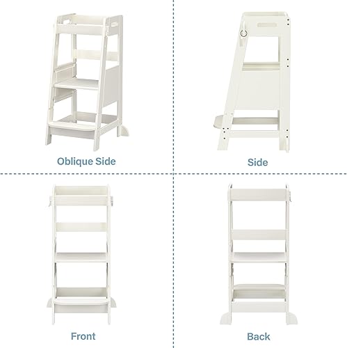 TOETOL Bamboo Toddler Kitchen Step Stool White Helper Standing Tower Height Adjustable with Anti-Slip Protection for Kids Kitchen Counter Learning - Jamouz