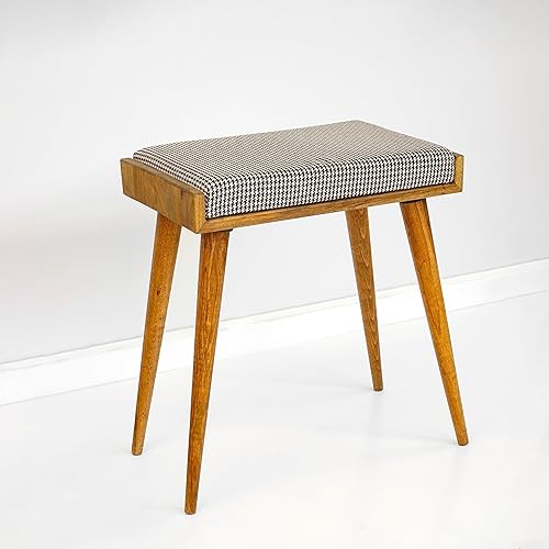 Walnut Ottoman Stool for Living Room | Upholstered in Crowbar Pattern Fabric | Versatile as a Piano Bench | Ideal Bedroom Bench | Functional Footstool Bench - Jamouz