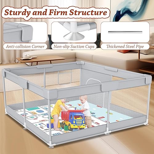Baby Playpen with Mat 74x50 inch, Playpen for Babies and Toddlers, Baby Play Pen Design with External Zipper Gate, Baby Play Yard with Non-Slip Suction Cups on The Bottom, Baby Fence, Grey - Jamouz