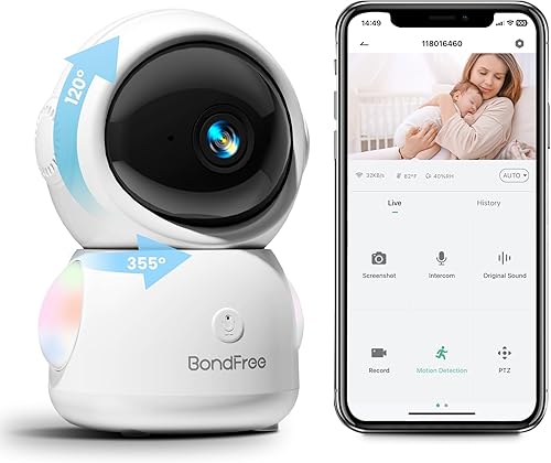 BondFree Baby Monitor with Camera and Audio 2K, RGB Night Light, Baby Monitor WiFi Smartphone 2.4Ghz 5Ghz for Nursery, Scan Code Bluetooth Connection, 355° Rotation, Compatible with Alexa Google Home - Jamouz