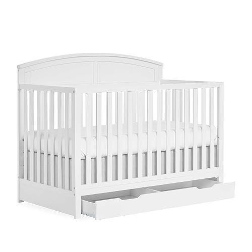 Storybrooke 5 in 1 Convertible Crib with Under Drawer in Pebble Grey, JPMA & Greenguard Gold Certified, Made of Sustainable Pinewood, Non-Toxic Water-Based Paint Finish - Jamouz