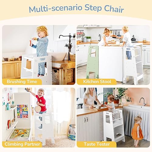 Toddler Kitchen Step Stool Helper with Safety Rails, Adjustable Height Toddler Standing Tower for Bathroom, Kitchen Counter, Bedroom (White) - Jamouz