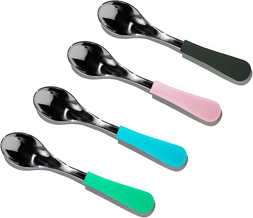 Avanchy Baby Spoons, Forks Stainless Steel and Silicone Set, Self Feeding Food Utensils, 4 Months Baby Led Weaning - Jamouz
